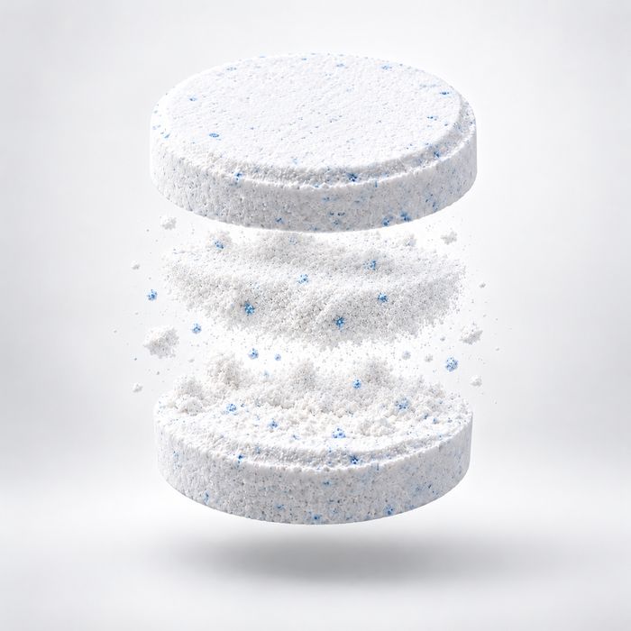 A sorted. laundry tablet breaking apart. It combines detergent, stain remover and oxygen booster.